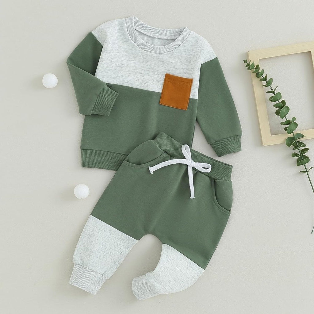 Baby Jogger Set – 2 Piece Winter Outfit with Color Block Sweatshirt & Stretch Pants, Cotton Blend, 0-3 Years – Marmari