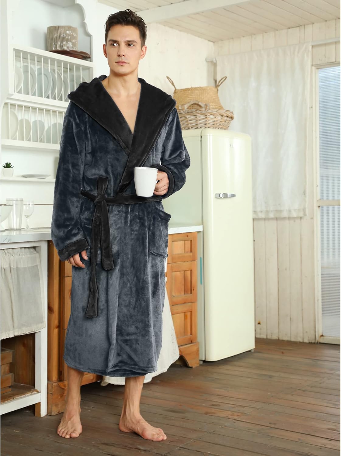 Men's Fleece Robe with Hood – Soft Two-Tone Hooded Bathrobe with Pockets & Belt, Machine Washable, S–3XL – Calico