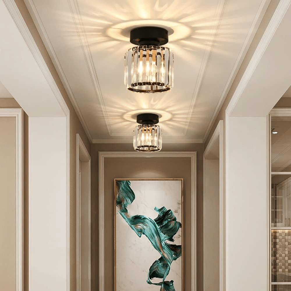 Modern Crystal Ceiling Lamp – Crystal Flush Mount Ceiling Light with Brass Fixture, Round or Square, Gold or Black – CrystalGlow