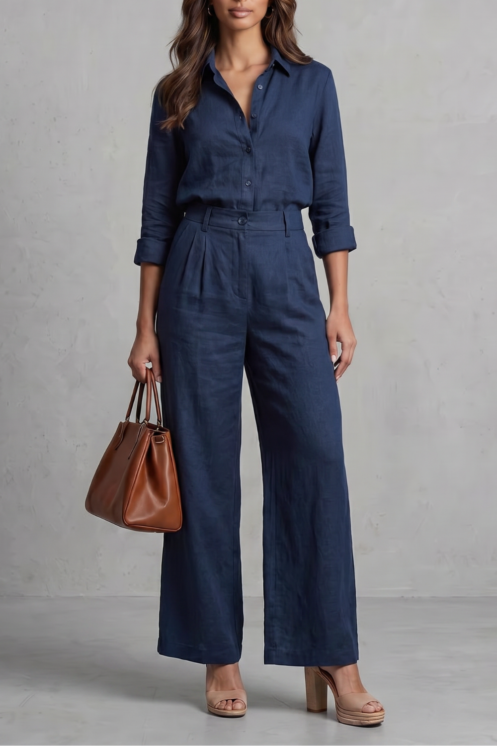 Zahara | Soft Linen Finish – Wide-Leg Co-Ord Set Navy