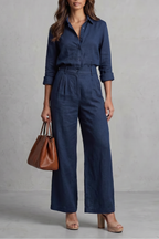 Zahara | Soft Linen Finish – Wide-Leg Co-Ord Set Navy
