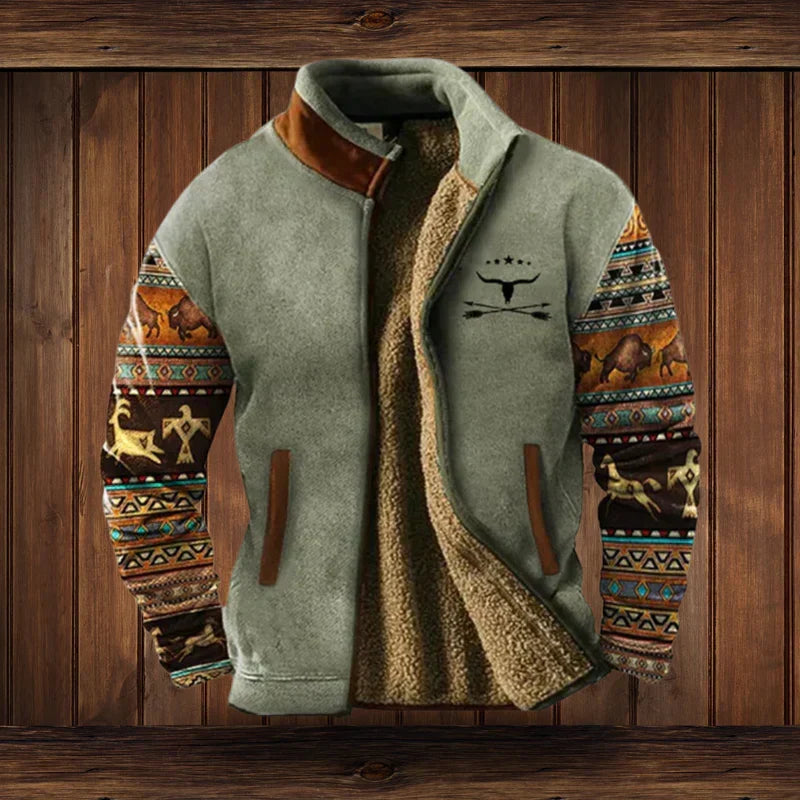 Hommes | Warm Western-Style Jacket – Fleece Lining & Ethnic Patterns for Winter Comfort Grey