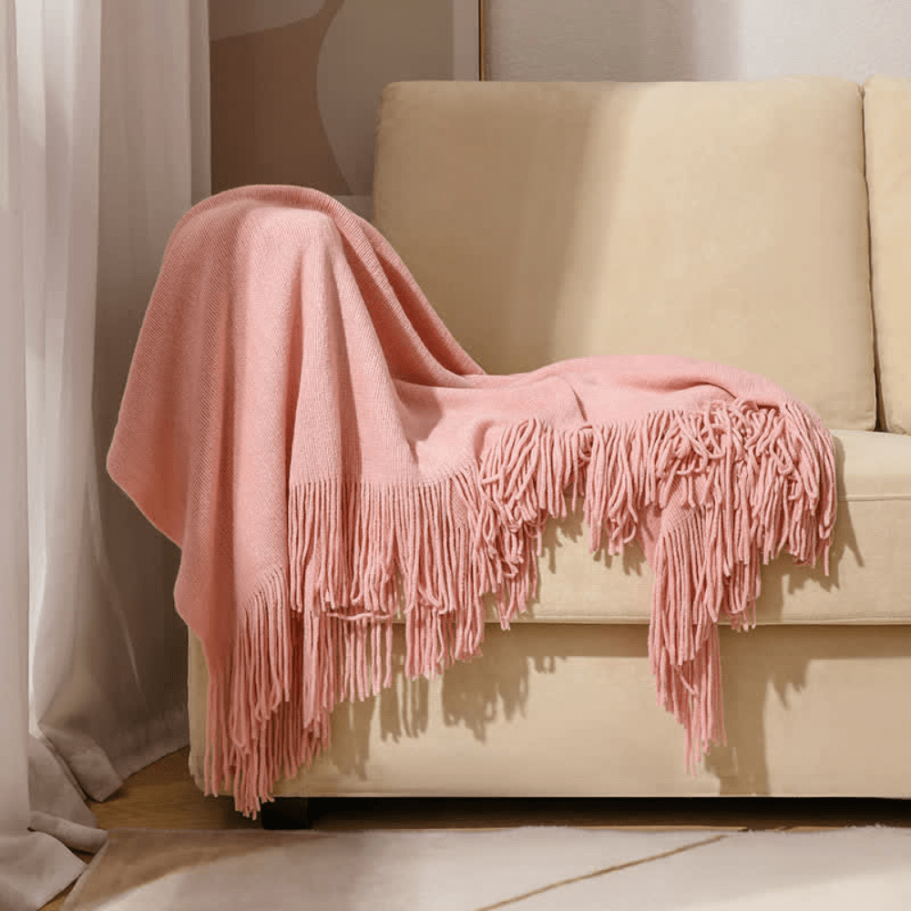 Chunky Knit Throw Blanket with Fringe – Soft Acrylic Decorative Blanket for Couch & Bed, 12 Colors, 2 Sizes Pink