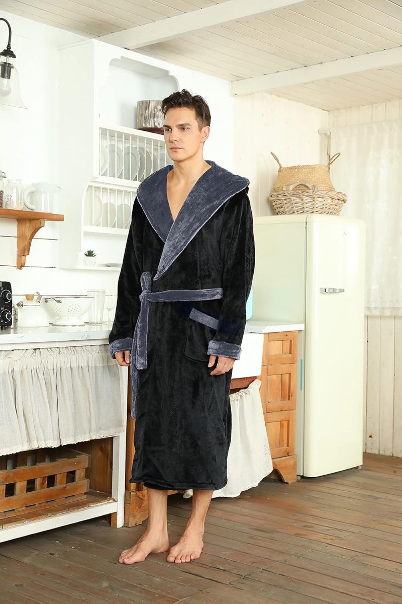 Men's Fleece Robe with Hood – Soft Two-Tone Hooded Bathrobe with Pockets & Belt, Machine Washable, S–3XL – Calico