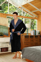 Men's Fleece Robe with Hood – Soft Two-Tone Hooded Bathrobe with Pockets & Belt, Machine Washable, S–3XL – Calico