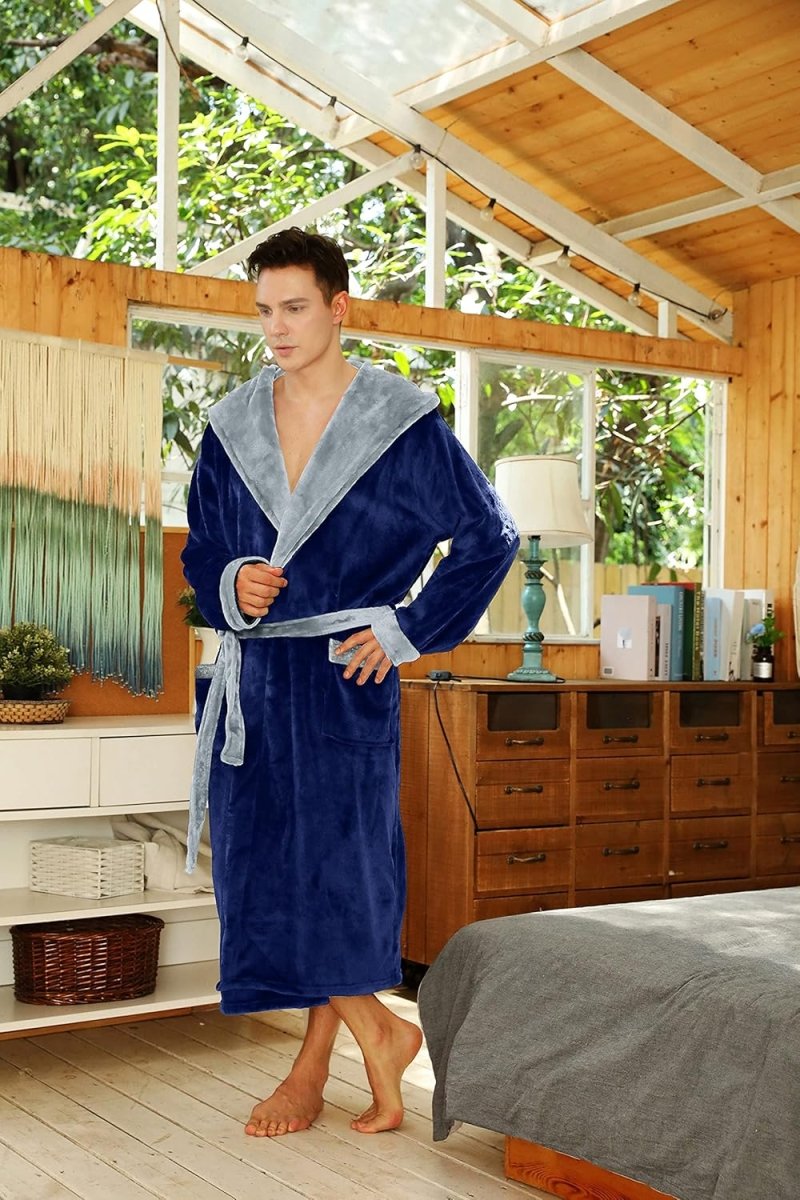 Men's Fleece Robe with Hood – Soft Two-Tone Hooded Bathrobe with Pockets & Belt, Machine Washable, S–3XL – Calico
