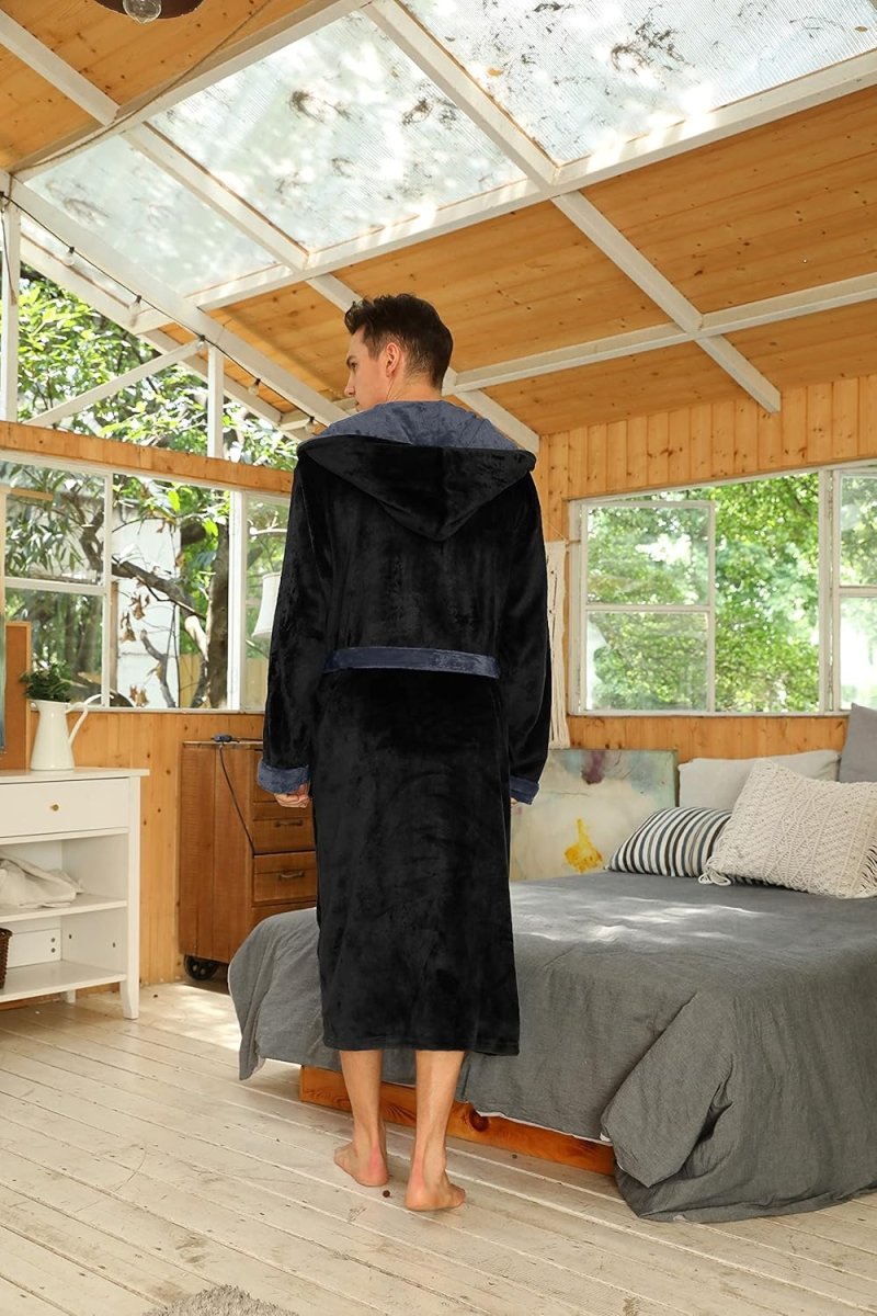 Men's Fleece Robe with Hood – Soft Two-Tone Hooded Bathrobe with Pockets & Belt, Machine Washable, S–3XL – Calico