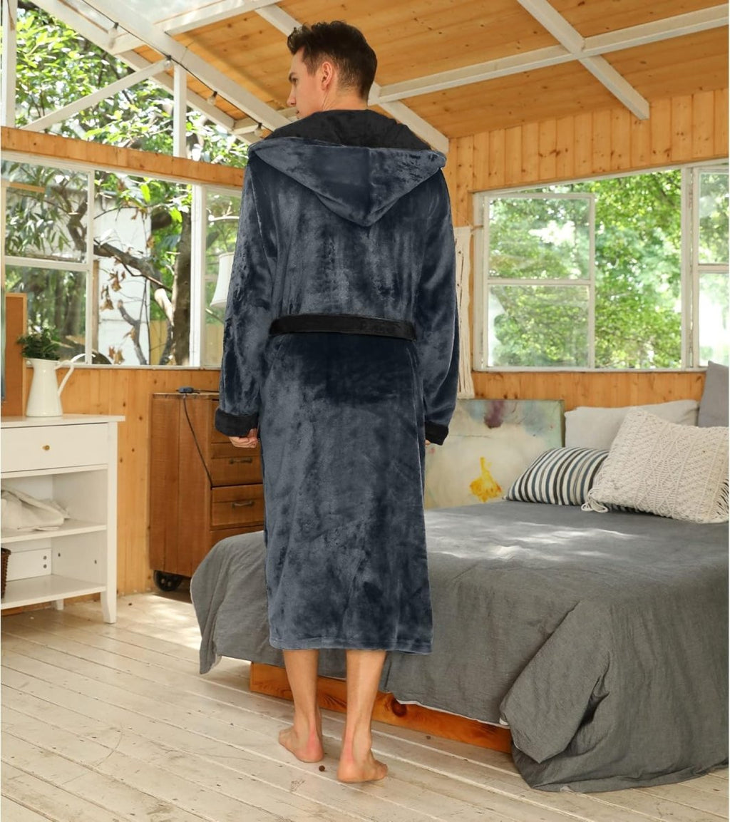 Men's Fleece Robe with Hood – Soft Two-Tone Hooded Bathrobe with Pockets & Belt, Machine Washable, S–3XL – Calico
