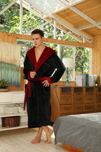 Men's Fleece Robe with Hood – Soft Two-Tone Hooded Bathrobe with Pockets & Belt, Machine Washable, S–3XL – Calico