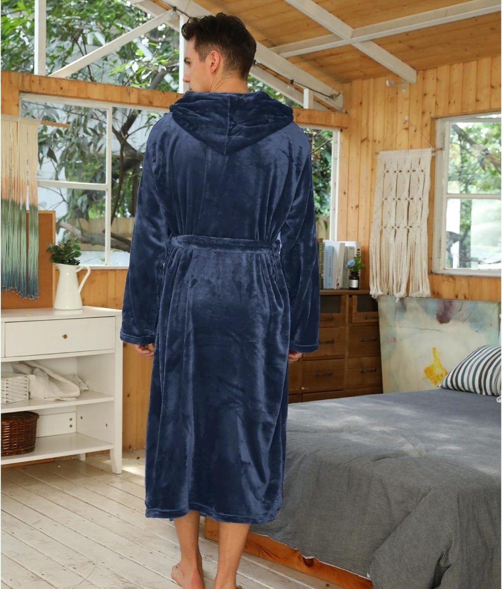 Men's Fleece Robe with Hood – Soft Two-Tone Hooded Bathrobe with Pockets & Belt, Machine Washable, S–3XL – Calico