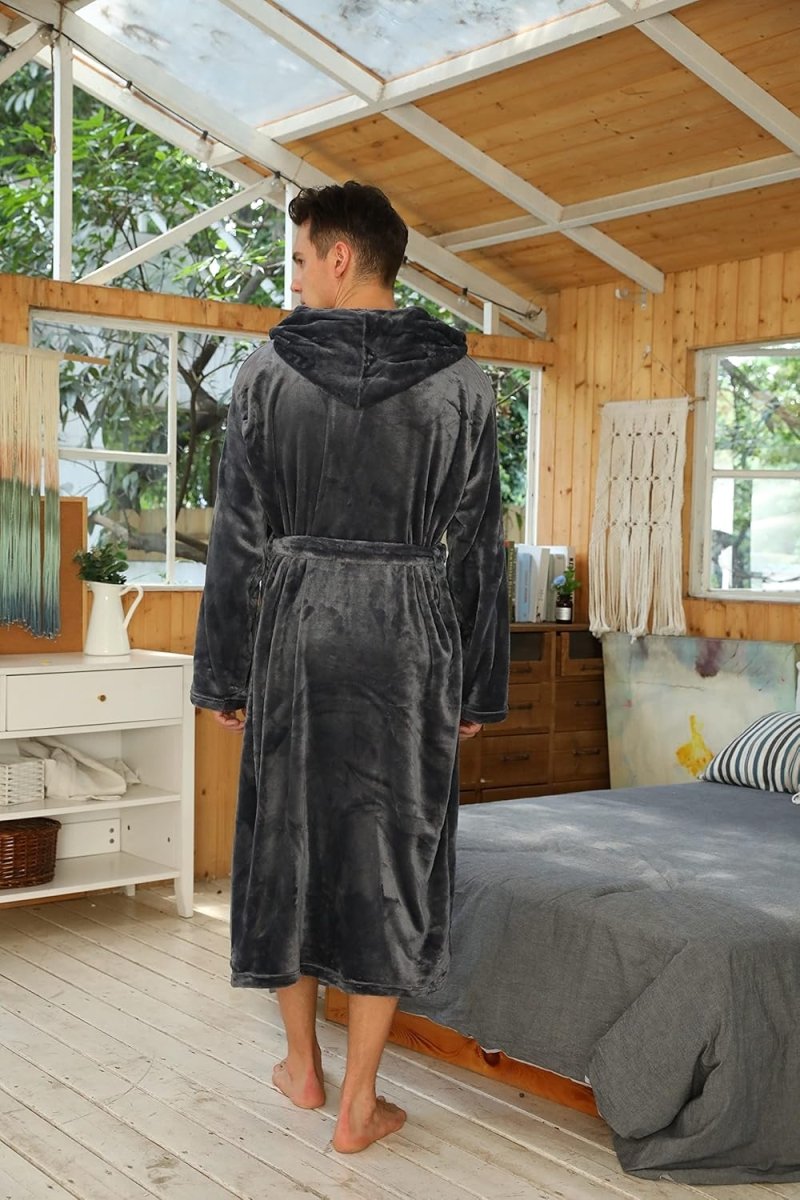 Men's Fleece Robe with Hood – Soft Two-Tone Hooded Bathrobe with Pockets & Belt, Machine Washable, S–3XL – Calico
