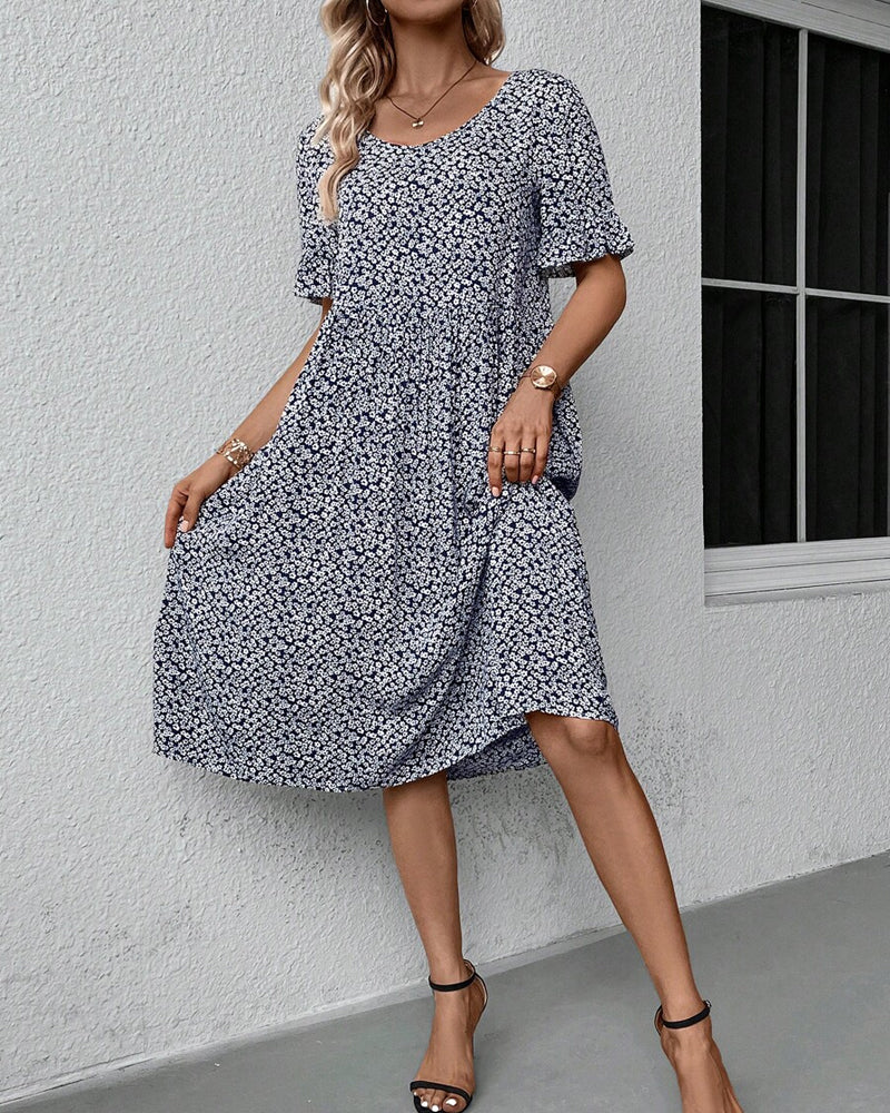Damaris | Midi Dress with Floral Print, Round Neck and Short Sleeves for Women | Ideal for Day and Evening Blue
