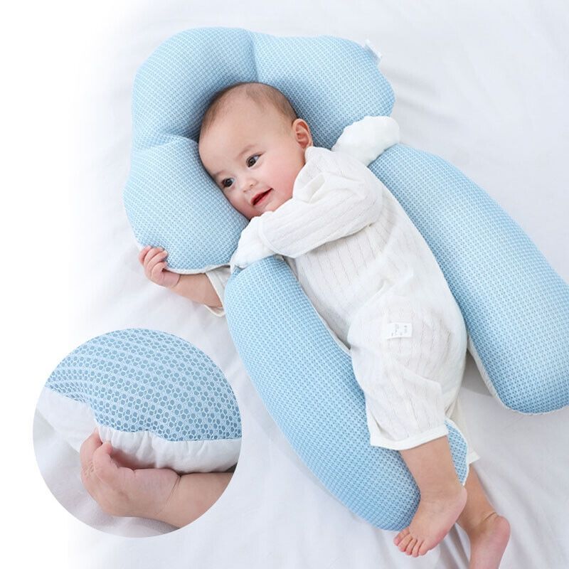 Ergonomic Baby Cushion with Adjustable Support – Reversible Comfort Pillow 26 x 17 in, Machine Washable – 0-12 Months (Supervised Use Only) Blue & White