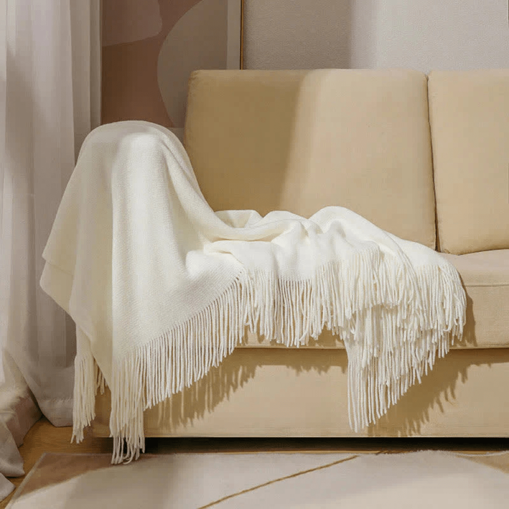 Chunky Knit Throw Blanket with Fringe – Soft Acrylic Decorative Blanket for Couch & Bed, 12 Colors, 2 Sizes White