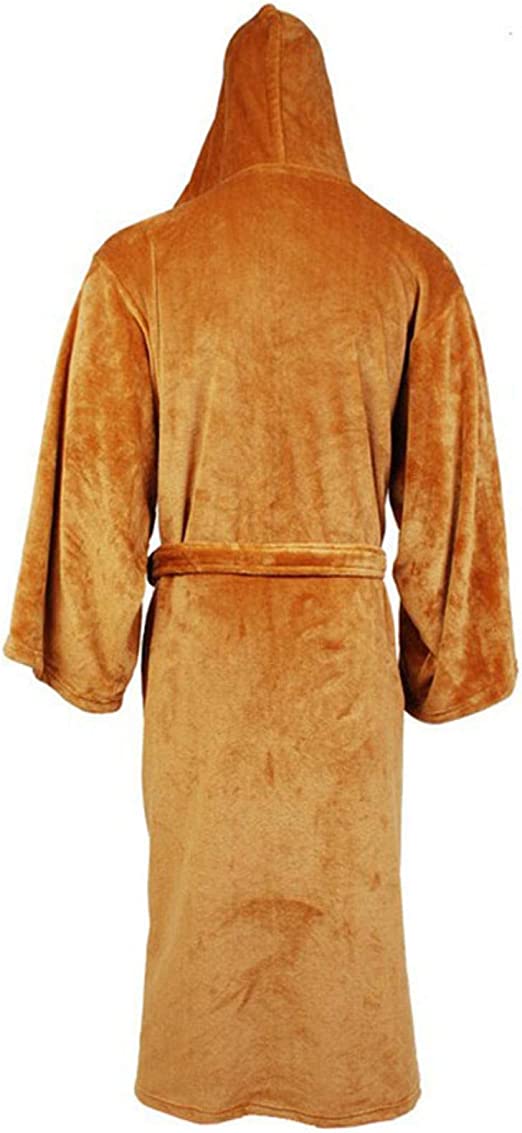 Men's Long Flannel Robe with Hood – Warm Extra-Long Hooded Bathrobe with Belt, Absorbent, Black or Brown – Hommes