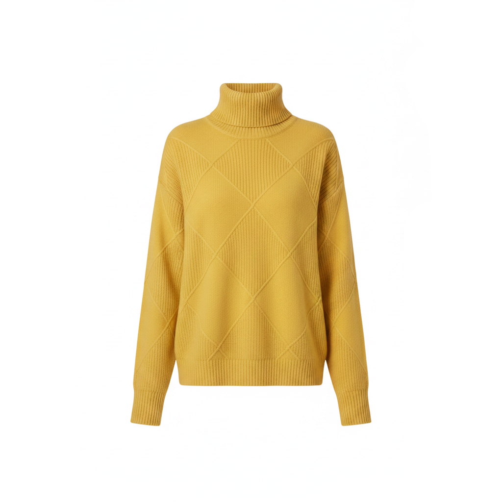 Women’s Luxury Turtleneck in Yellow with architectural ribbing and warmth.