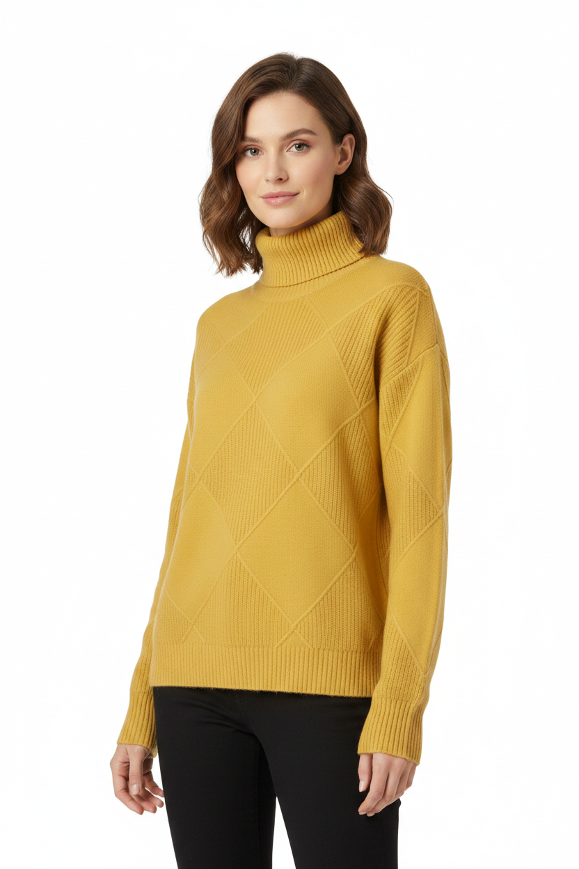 Women’s Luxury Turtleneck in Brown featuring architectural ribbing.