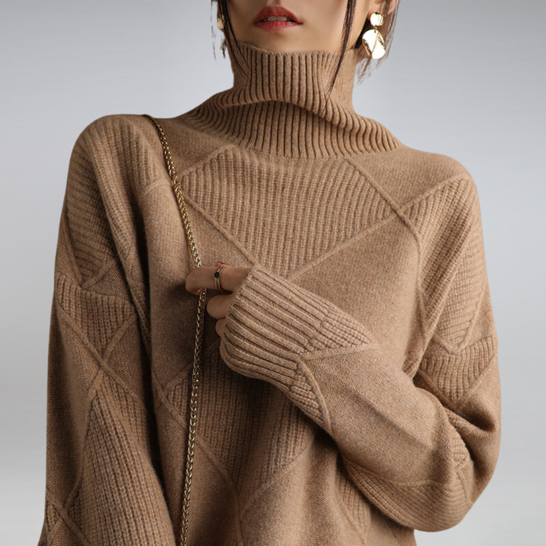 Women’s Luxury Turtleneck in Black showcasing architectural ribbing.