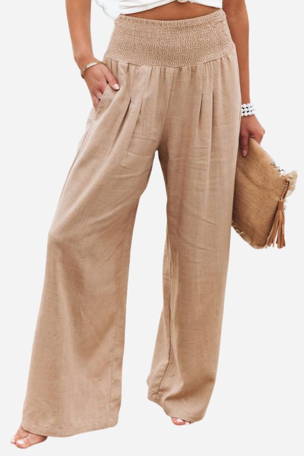 Women's high-waisted palazzo pants in army green.