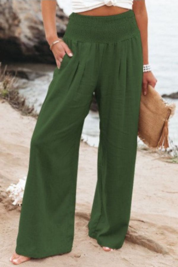 Women's high-waisted palazzo pants in various colors.
