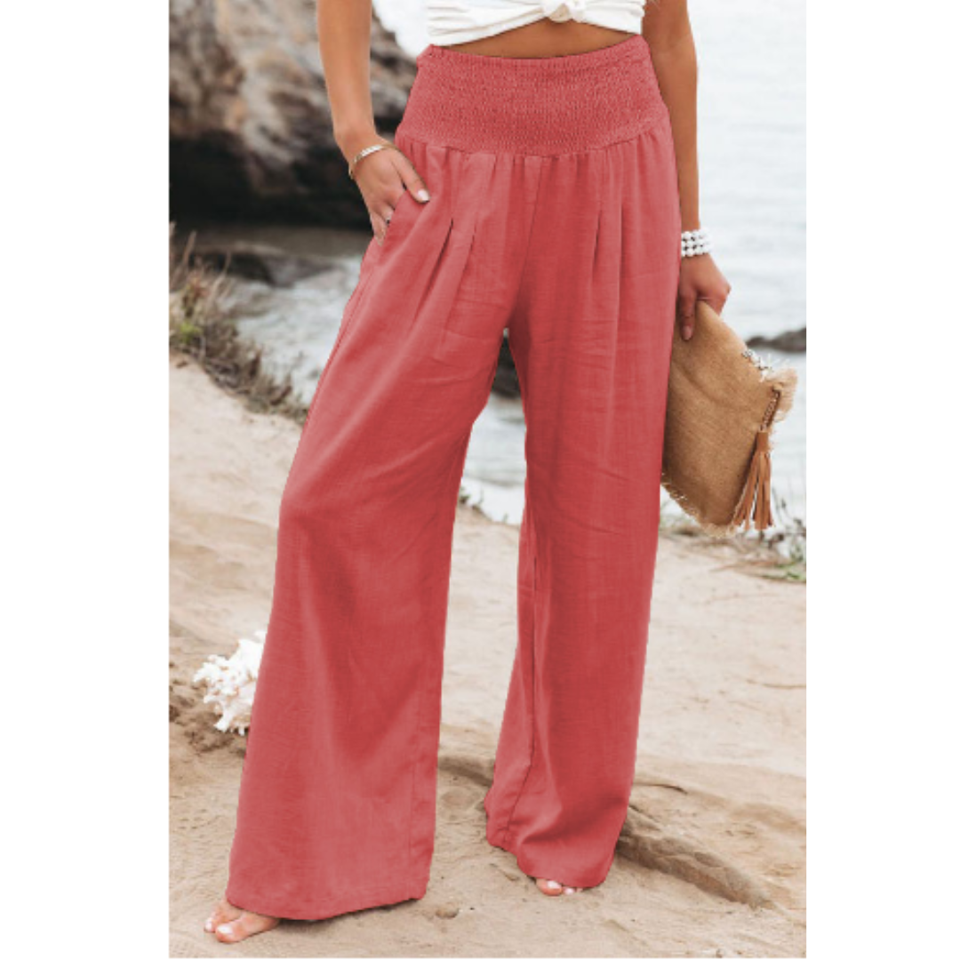 Women's high-waisted palazzo pants in a casual setting.