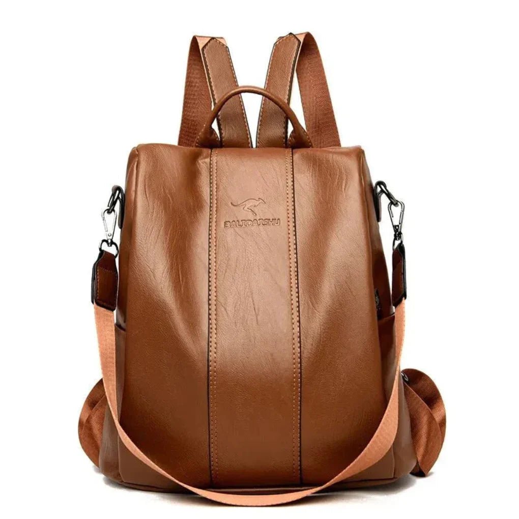 Anti-theft Backpack for Women in Leather Design with Hidden Compartments Brown