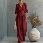 Aurore | Women's Jumpsuit Summer Elegant Wrap V-Neck Wide-Leg Wine Red