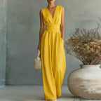 Aurore | Women's Jumpsuit Summer Elegant Wrap V-Neck Wide-Leg Sleeveless Yellow