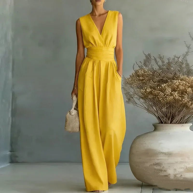 Aurore | Women's Jumpsuit Summer Elegant Wrap V-Neck Wide-Leg Sleeveless Yellow