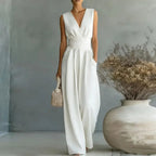 Aurore | Women's Jumpsuit Summer Elegant Wrap V-Neck Wide-Leg Sleeveless White