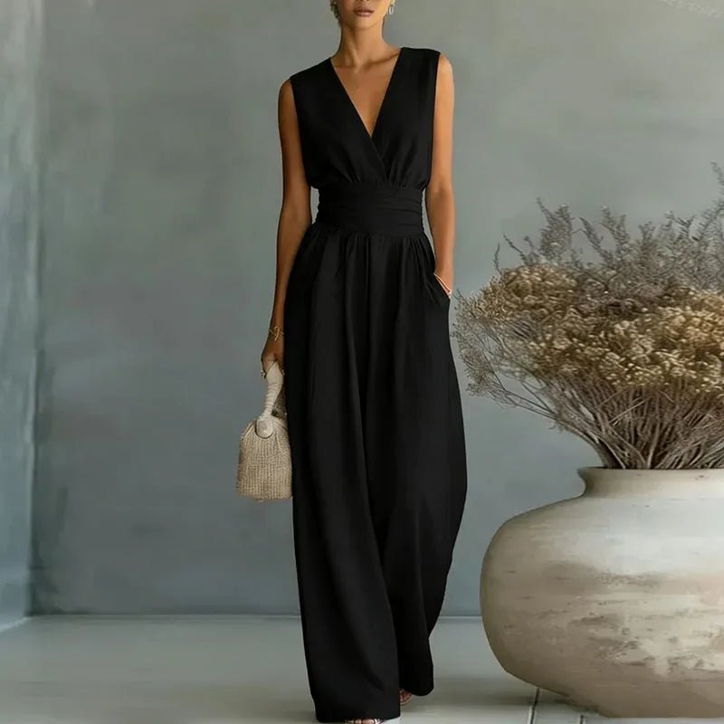 Aurore | Women's Jumpsuit Summer Elegant Wrap V-Neck Wide-Leg Sleeveless Black