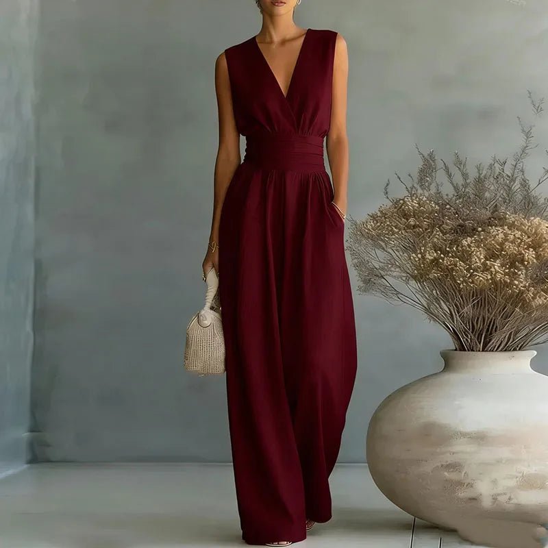 Aurore | Women's Jumpsuit Summer Elegant Wrap V-Neck Wide-Leg Sleeveless Burgundy