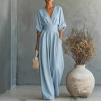 Aurore | Women's Jumpsuit Summer Elegant Wrap V-Neck Wide-Leg Sky Blue