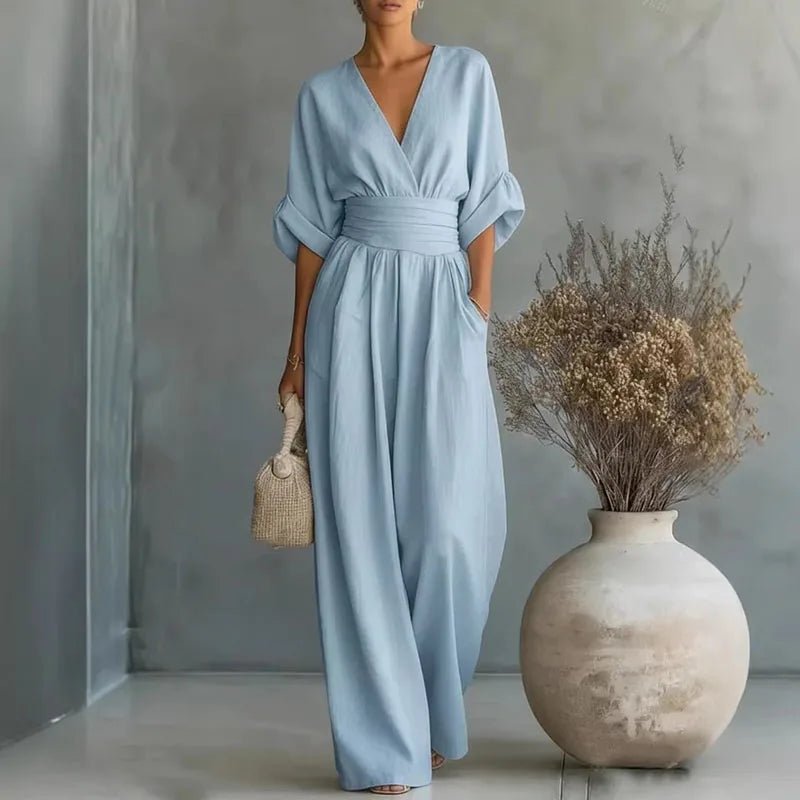 Aurore | Women's Jumpsuit Summer Elegant Wrap V-Neck Wide-Leg Sky Blue