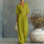Aurore | Women's Jumpsuit Summer Elegant Wrap V-Neck Wide-Leg Green