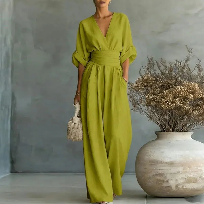 Aurore | Women's Jumpsuit Summer Elegant Wrap V-Neck Wide-Leg Green