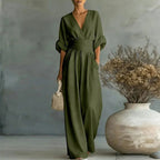 Aurore | Women's Jumpsuit Summer Elegant Wrap V-Neck Wide-Leg Army Green