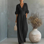 Aurore | Women's Jumpsuit Summer Elegant Wrap V-Neck Wide-Leg Black