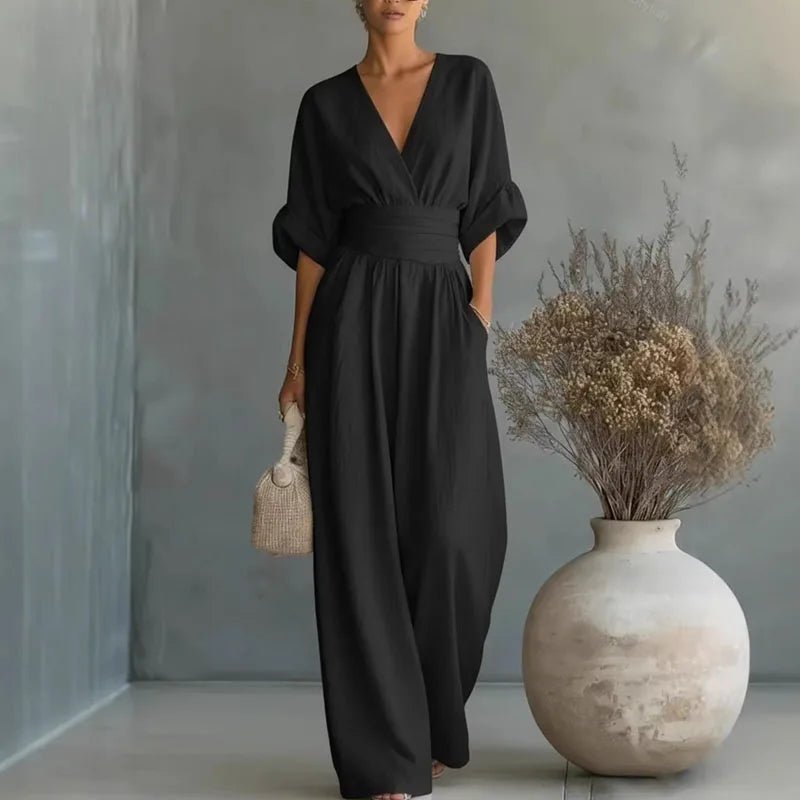 Aurore | Women's Jumpsuit Summer Elegant Wrap V-Neck Wide-Leg Black