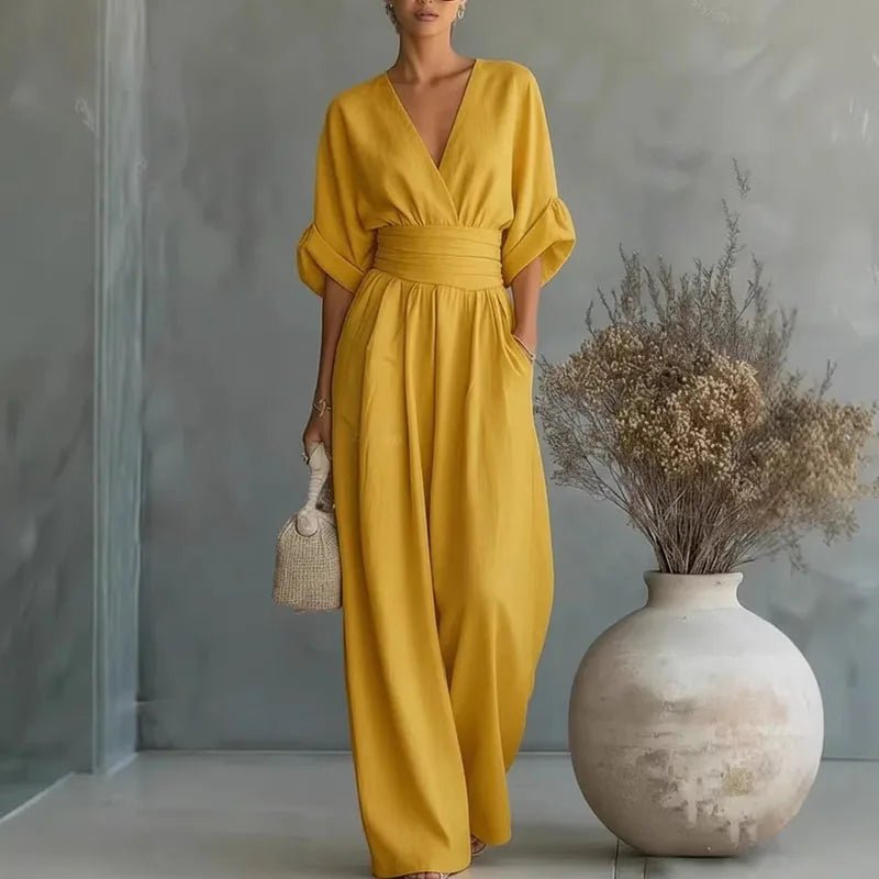 Aurore | Women's Jumpsuit Summer Elegant Wrap V-Neck Wide-Leg Yellow