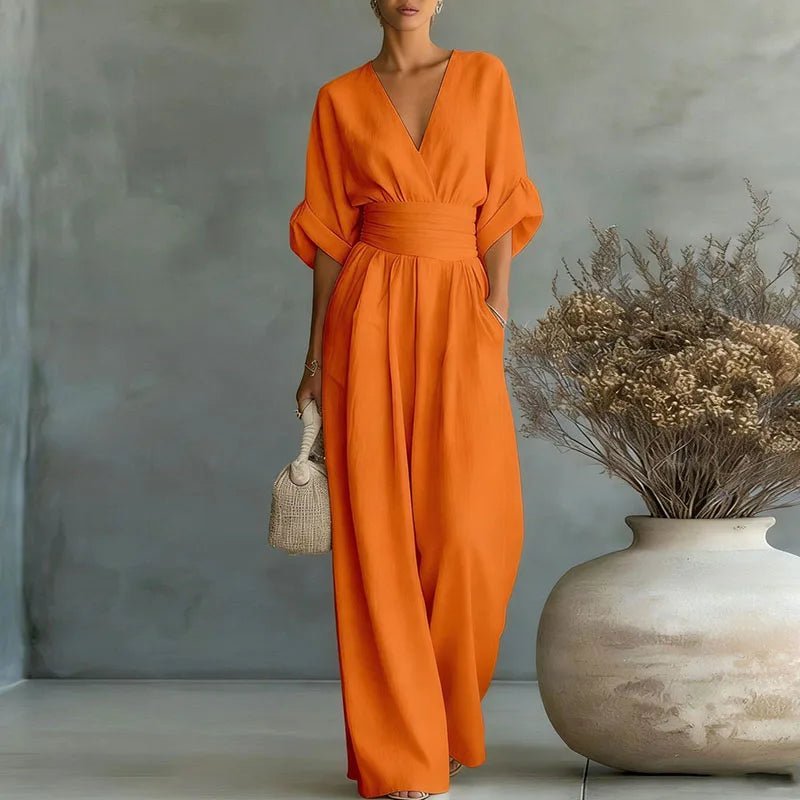 Aurore | Women's Jumpsuit Summer Elegant Wrap V-Neck Wide-Leg Orange