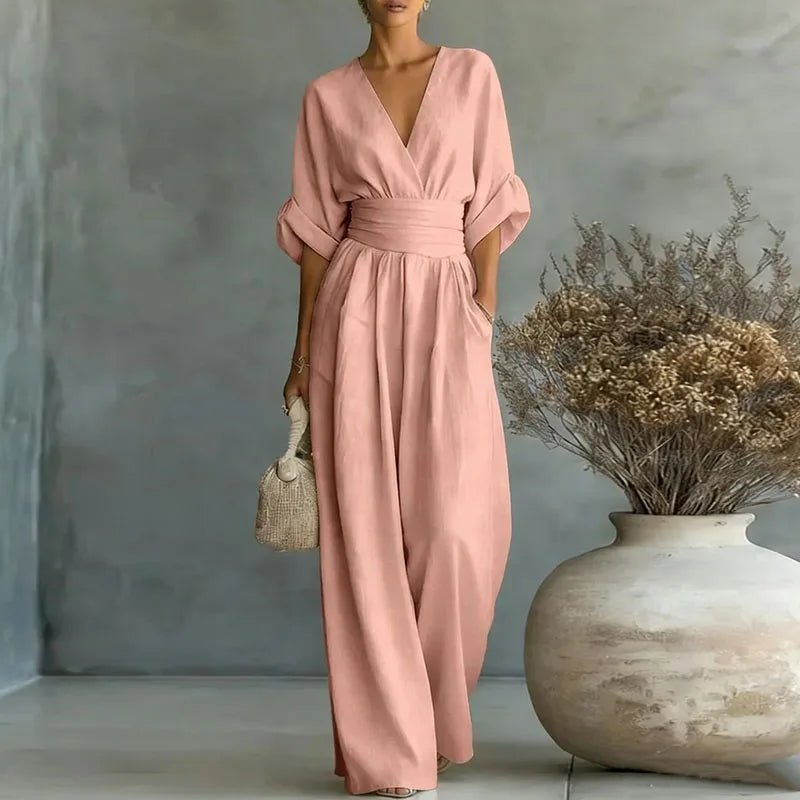 Aurore | Women's Jumpsuit Summer Elegant Wrap V-Neck Wide-Leg Pink