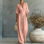 Aurore | Women's Jumpsuit Summer Elegant Wrap V-Neck Wide-Leg Pink