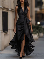 Giselle | Dramatic And Luxurious Satin Wrap Maxi Dress Black