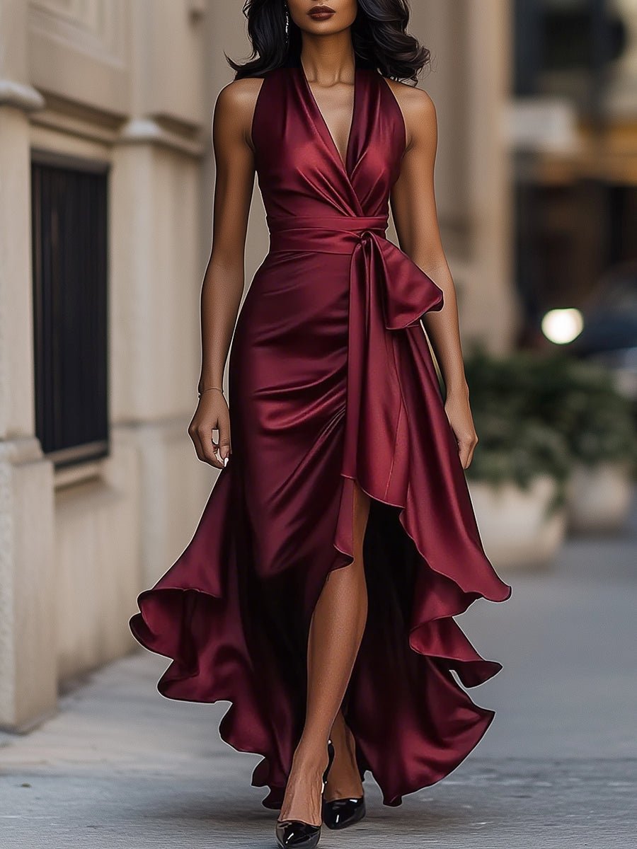 Giselle | Dramatic And Luxurious Satin Wrap Maxi Dress Burgundy