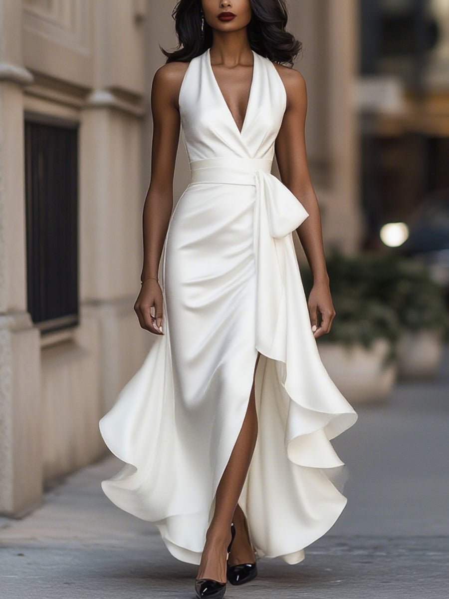 Giselle | Dramatic And Luxurious Satin Wrap Maxi Dress White