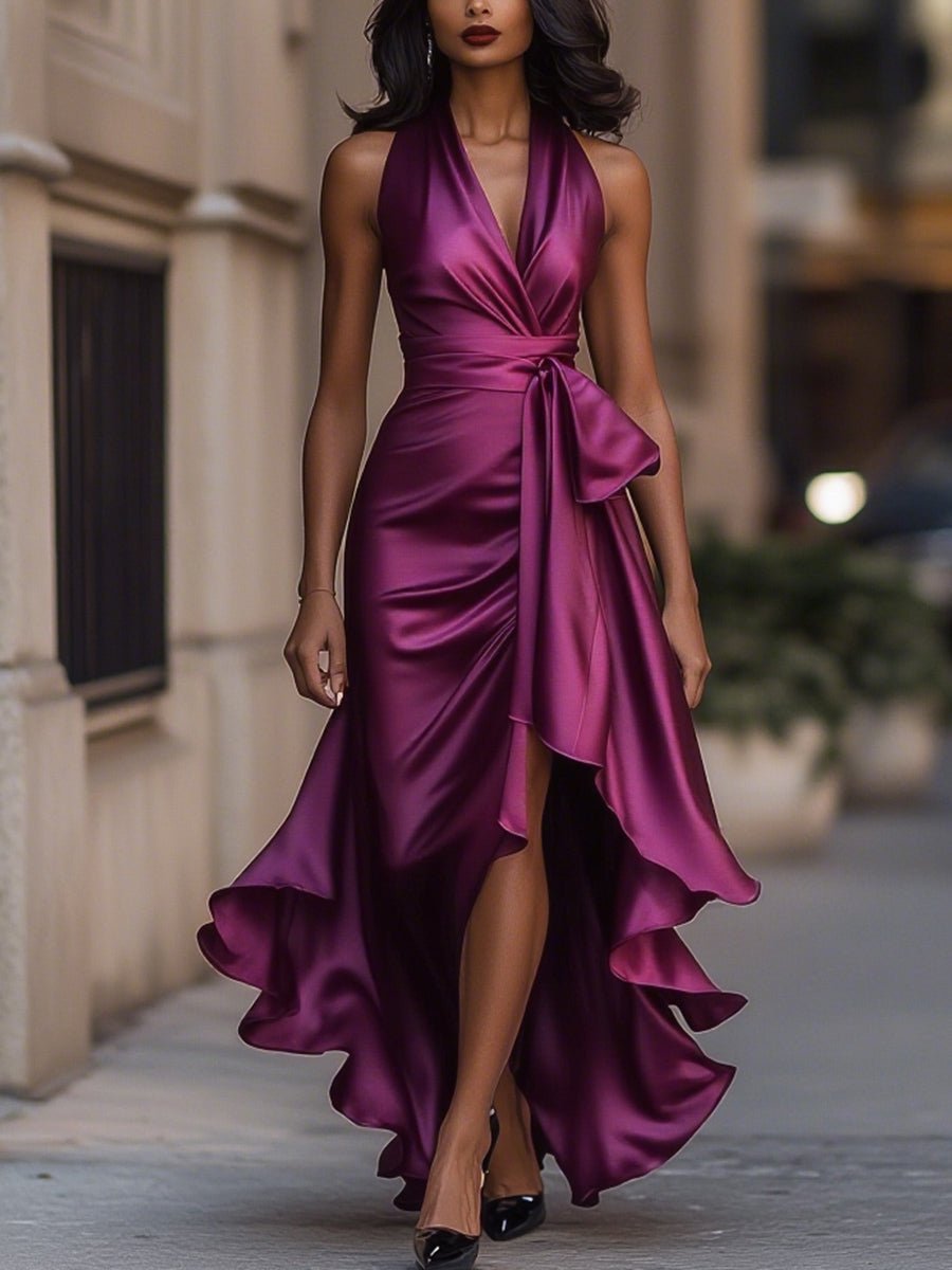 Giselle | Dramatic And Luxurious Satin Wrap Maxi Dress Fuchsia