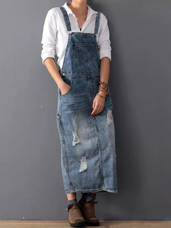 Women’s Distressed Denim Overalls Dress in Light Blue, showcasing urban nomad style.