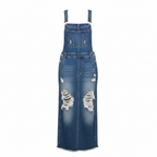 Women’s Distressed Denim Overalls Dress – Back Slit Mobility, Hand-Abraded Texture & Urban Nomad Majesty