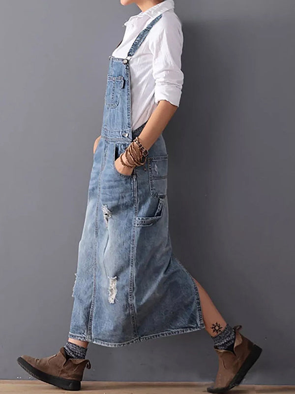 Women’s Distressed Denim Overalls Dress – Back Slit Mobility, Hand-Abraded Texture & Urban Nomad Majesty